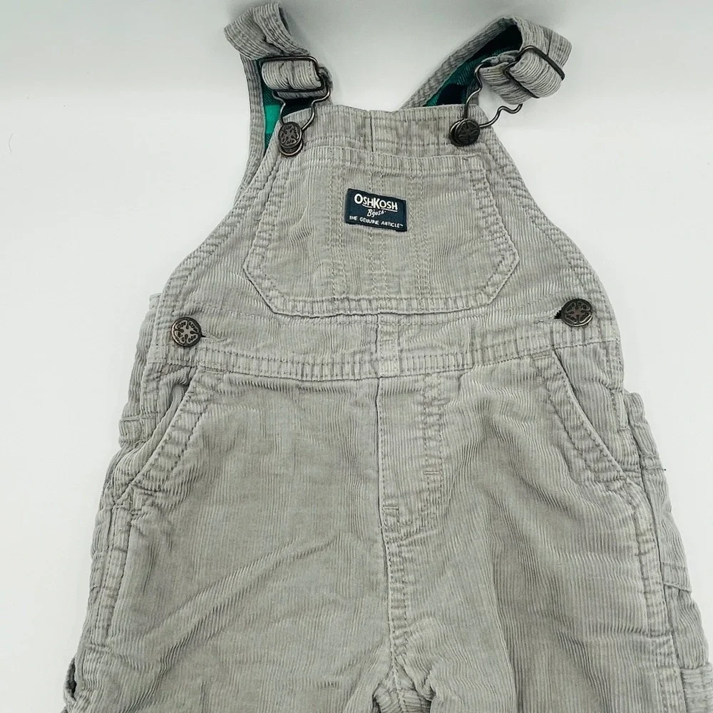 EUC OshKosh B'gosh Vestbak Corduroy Plaid Flannel Lined Overalls Gray Baby 9-12M